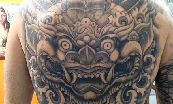 Carrero-Black-Grey-Tibetan-Mask-Demon-Back-Tattoo