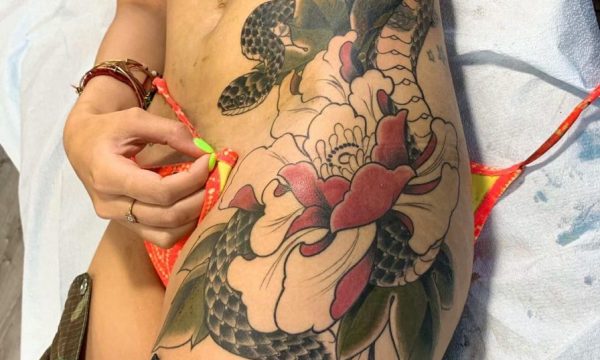 Carrero-Snake-Peony-In-Progress-Sexy-Woman-Tattoo