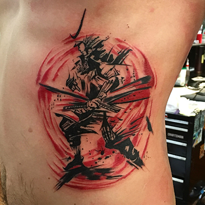 Jason-trash polka samurai rib tattoo