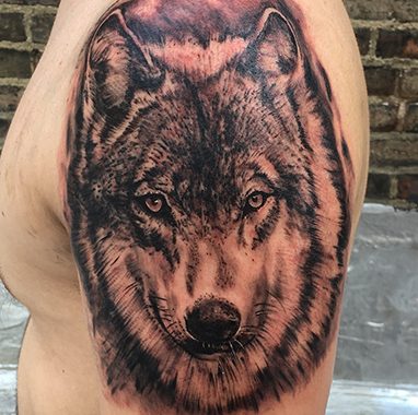 Jason-wolf portrait black and grey tattoo