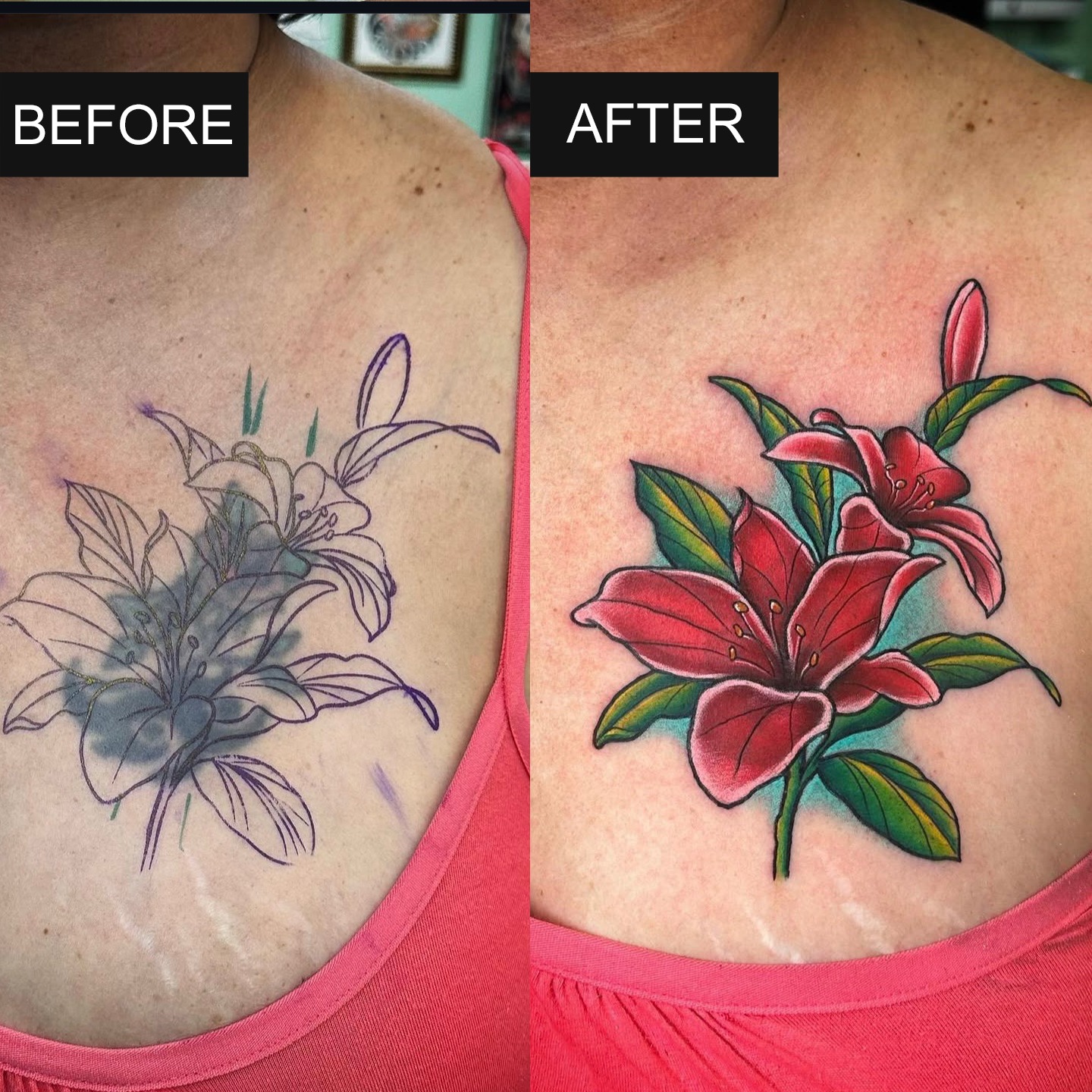 Coverup Flowers Chest Tattoo by Alfred Before and After